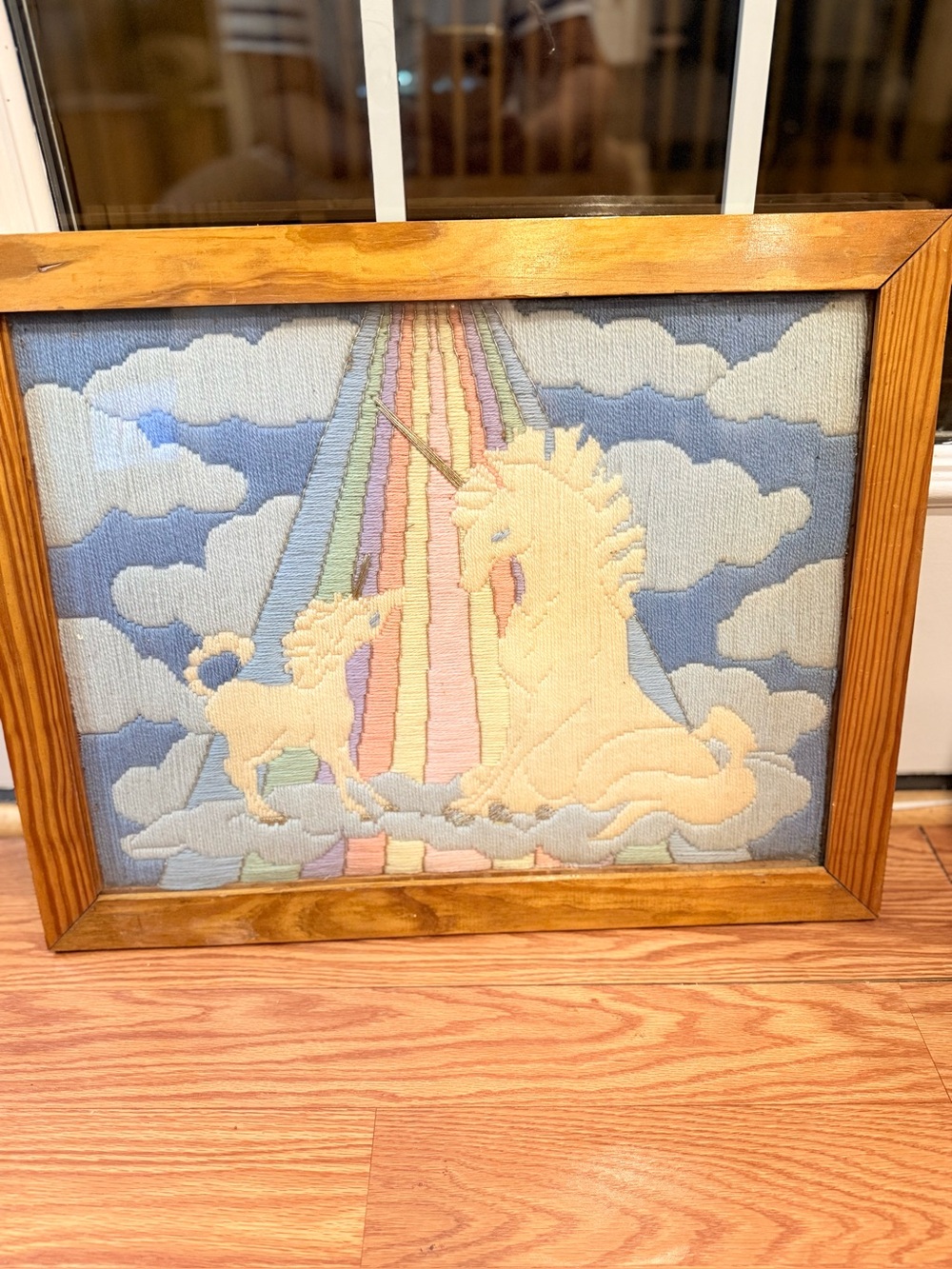 Vintage Framed Unicorn Needlepoint Art Rainbow Cloud Pastel Yarn Tapestry 20x16